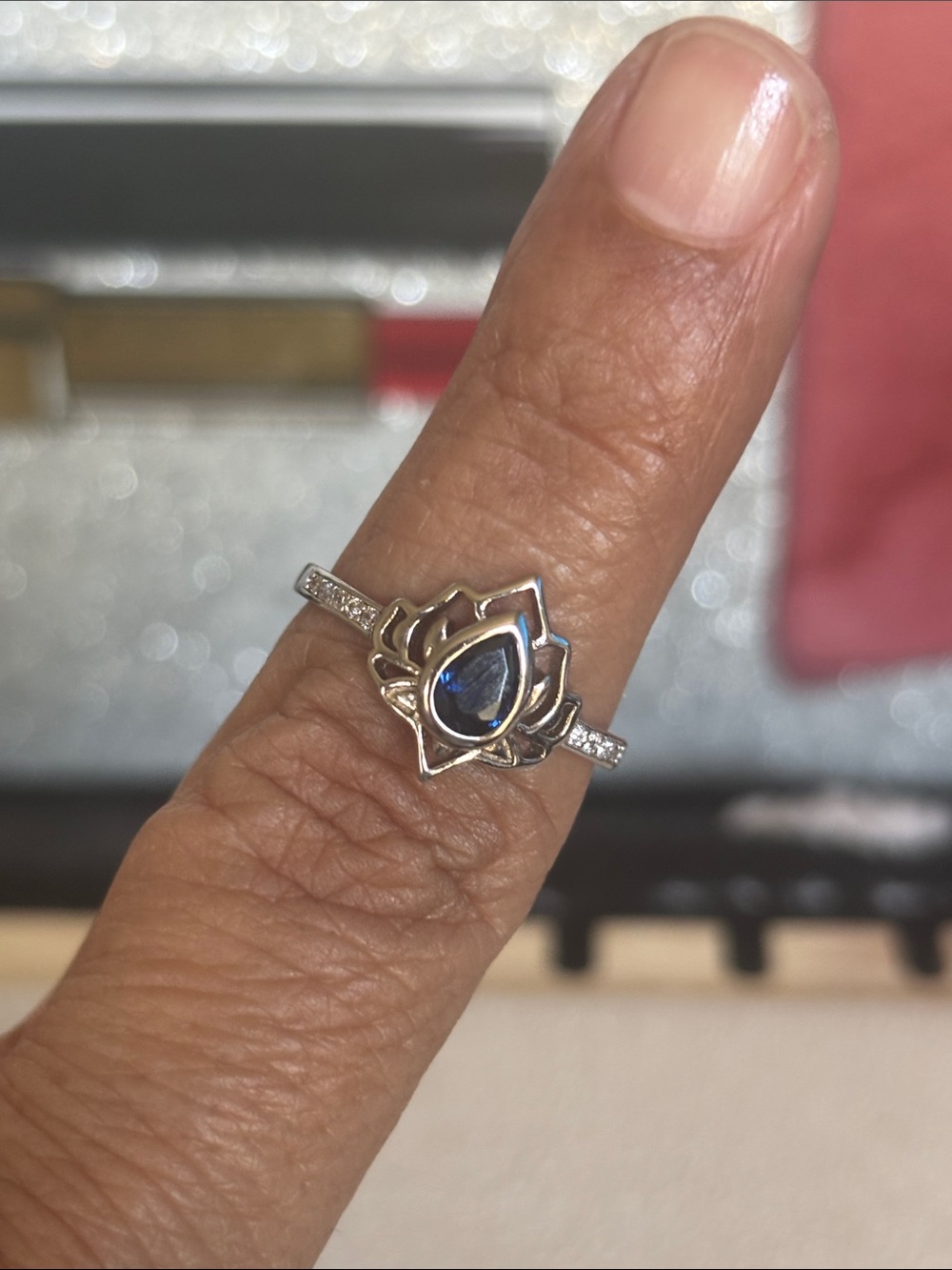 Sterling Silver Teardrop Sapphire-Color Ring with Accent Stones - Picture 4 of 7